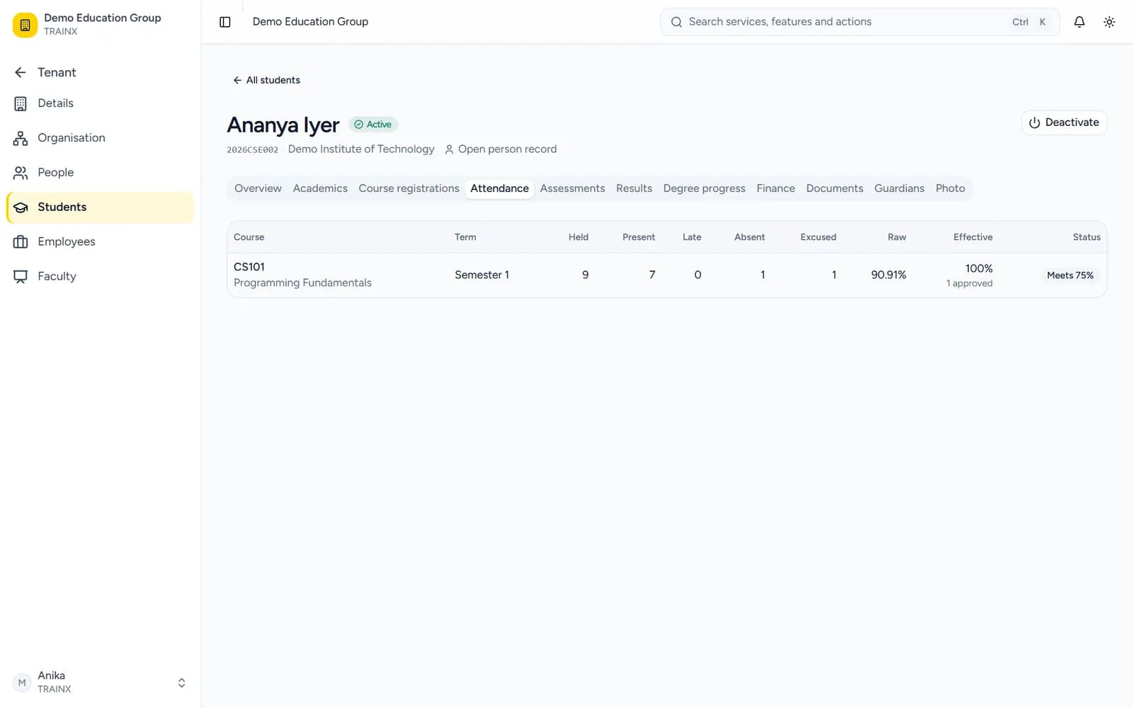 Student 360 record: academics, attendance, results, finance and documents for one student
