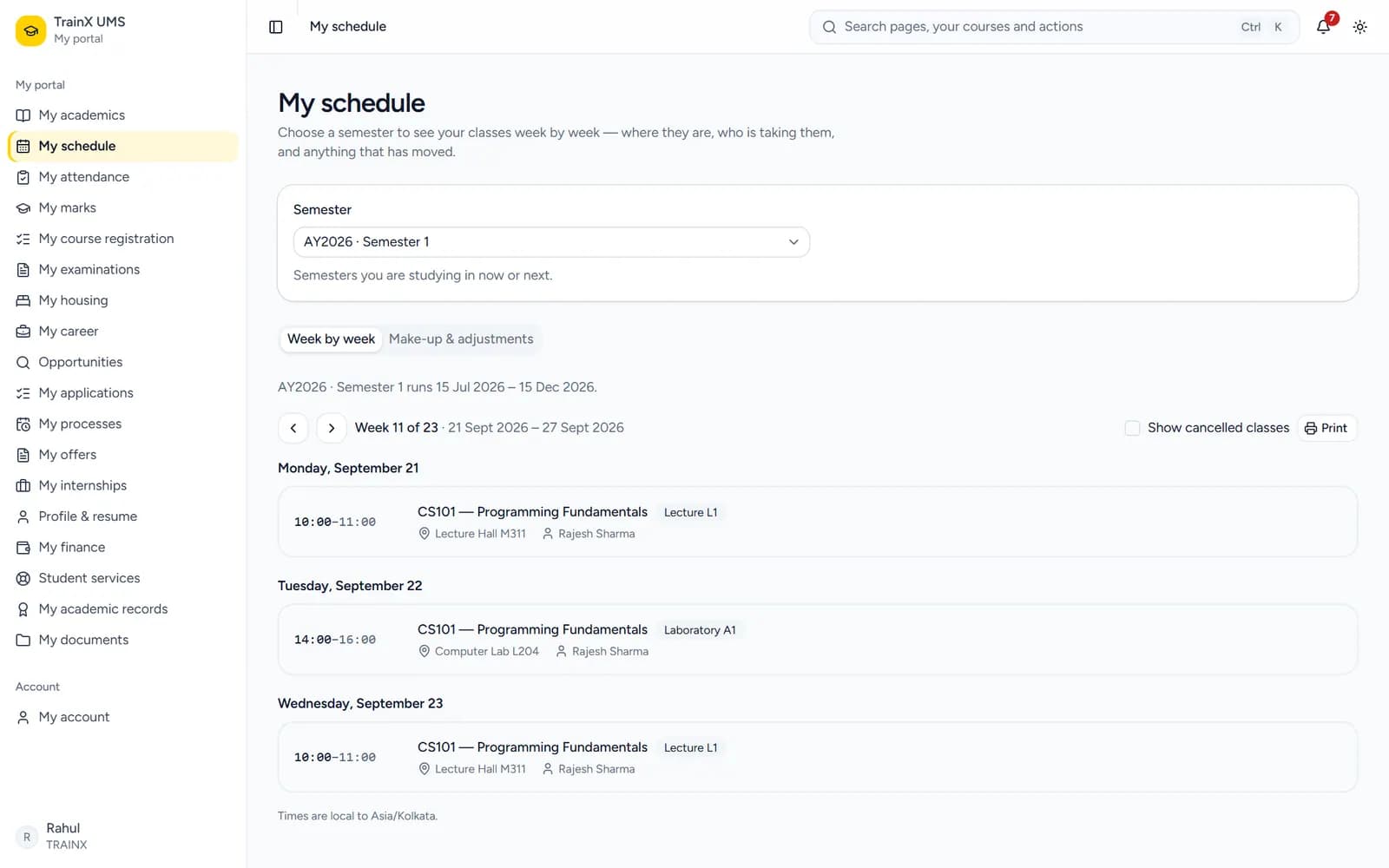 A student’s week of classes